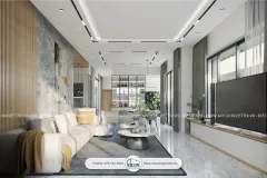 Phòng khách biệt thự mái nhật không gian mở với phòng ăn và bếp