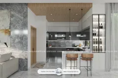 Nhà bếp được thiết kế có cửa đi ra nhà xe và sử sổ ra tiểu cảnh căn nhà