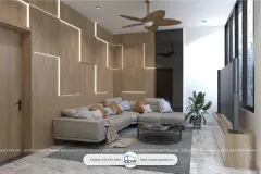 phòng sinh hoạt chung được thiết kế ấn tượng với bức tường tạo điểm nhấn