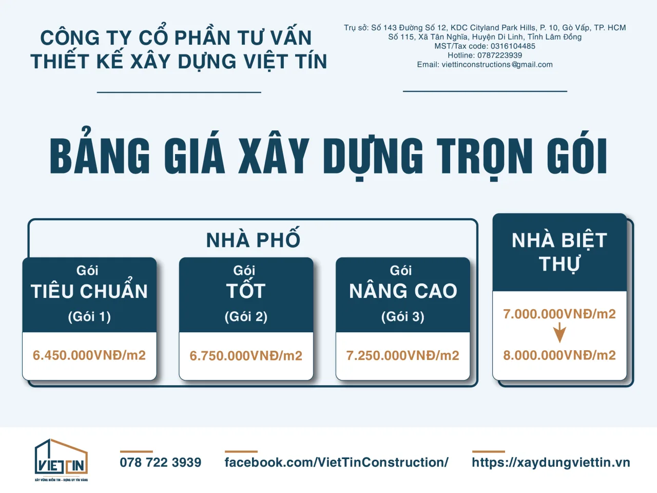 BẢNG GIÁ XÂY NHÀ TRỌN GÓI TẠI XÂY DỰNG VIỆT TÍN 2026